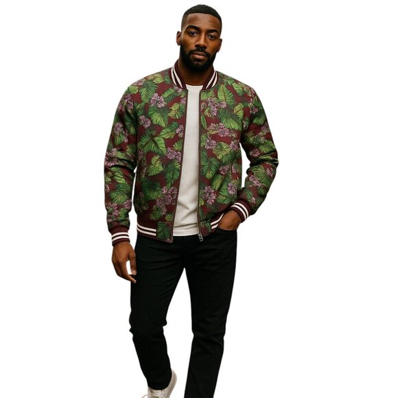 GSTQ Jacket Mens Medium Burgundy Green Floral Bomber Varsity Lightweight Zip Up - Picture 1 of 15